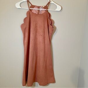 Scalloped Pink Sleeveless Suede Dress